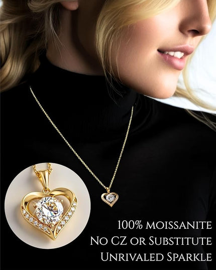 Moissanite Necklace for Women - 14k Gold Heart Necklaces - Moissanite Pendant 2 - 3 Carat - Christmas Gifts for Women - Jewelry Gift for Anniversary, Girlfriend Birthday - Jewelry for Wife from Husband