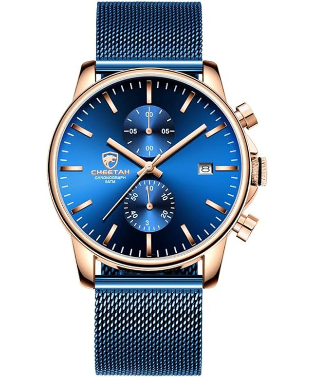 GOLDEN HOUR Mens Watch Fashion Sleek Minimalist Quartz Analog Mesh Stainless Steel Waterproof Chronograph Watches for Men with Auto Date