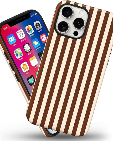 Magnetic for iPhone 16 Pro Max Case Cute Stripes Phone Case, Shockproof Slim TPU and Hard PC Protective Phone Cover Compatible with MagSafe Designed for Women Girls, Brown