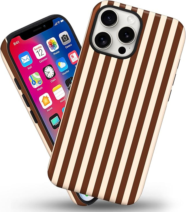 Magnetic for iPhone 14 Plus Case Cute Stripes Phone Case, Shockproof Slim TPU and Hard PC Protective Phone Cover Compatible with MagSafe Designed for Women Girls, Lake BlueBrown