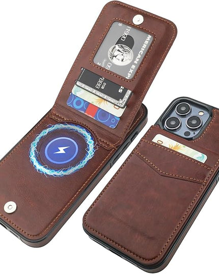 KIHUWEY for iPhone 13 Pro Max Case Wallet Compatible with MagSafe Wireless Charging, Credit Card Holder, RFID Flip Leather Magnetic Clasp Kickstand Heavy Duty Protective Cover 6.7 Inch (Brown)