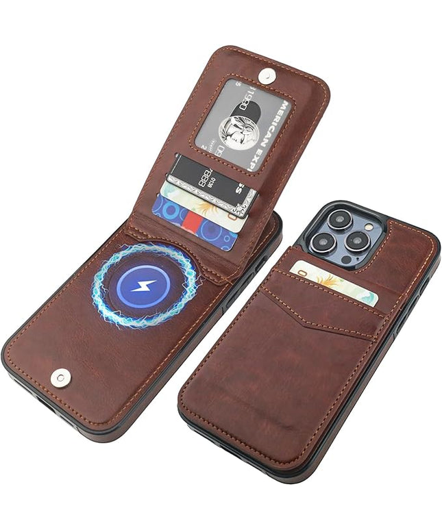 KIHUWEY for iPhone 13 Pro Max Case Wallet Compatible with MagSafe Wireless Charging, Credit Card Holder, RFID Flip Leather Magnetic Clasp Kickstand Heavy Duty Protective Cover 6.7 Inch (Brown)