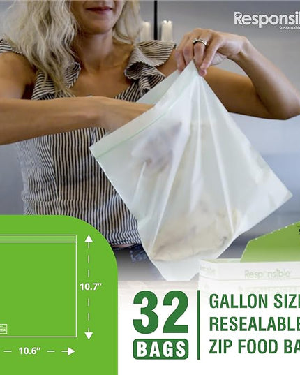 Responsible Products Certified Compostable Large GALLON Resealable Zip Bag, Extra Strength Food Bags, Made from Plant Materials (32 Pack)