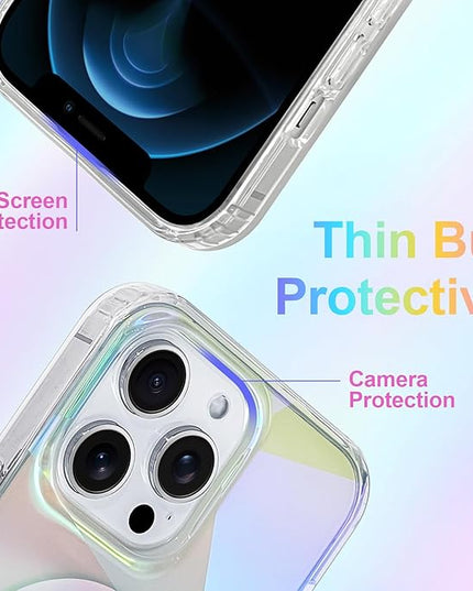Cute Case for iPhone 12 & 12 Pro Case for Women Girls [ Compatible with Magsafe ] Clear Glitter Girly Aesthetic Rainbow Sparkly Bling Magnetic Phone Cover, Iridescent Geometry