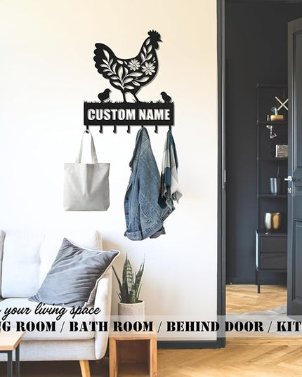 LOWACOS Personalized Key Holder for Wall, Custom Metal Chicken Key Hooks with Name, Meta Jacket Holder Hooks Organizer Rack, Jacket Hanger Decor for Kitchen, Entryway, Hallway, Office, Doorway
