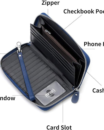 Moflycom Womens Wallet RFID Blocking Genuine Leather Multi Credit Card Large Capacity Zip Around Clutch Travel Purse Wristlet