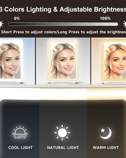 Mocado Travel Makeup Mirror with Light, 1x/10x Magnifying Mirror with Light, 3 Colors Lighted Magnifying Mirror, 2000mAh Rechargeable Lighted Makeup Mirror, Dimmable Touch, Memory Function (White)