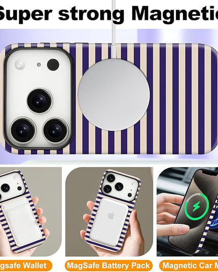Magnetic for iPhone 17 Pro Case Cute Stripes Phone Case, Shockproof Slim TPU and Hard PC Protective Phone Cover Compatible with MagSafe Designed for Women Girls, Blue&Apricot