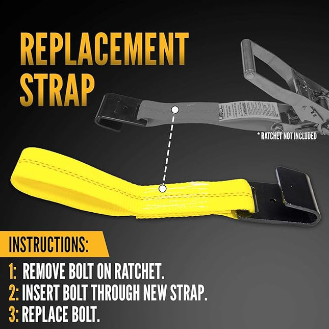 US Cargo Control, Fixed End Tie Down Strap with Flat Hook and Bolt Loop, 2 Inch Wide X 11 Inch Long, Yellow Ratchet Straps, Dependable Utility Strap, 3,333 Pound Working Load Limit, Case of 40