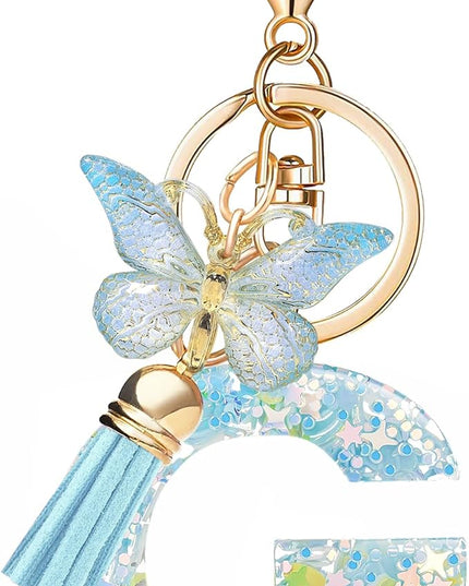 Fashion Alphabet Initial Letter Keychain Tassel Butterfly Pendant Key Ring for Purse Handbags Women Girl