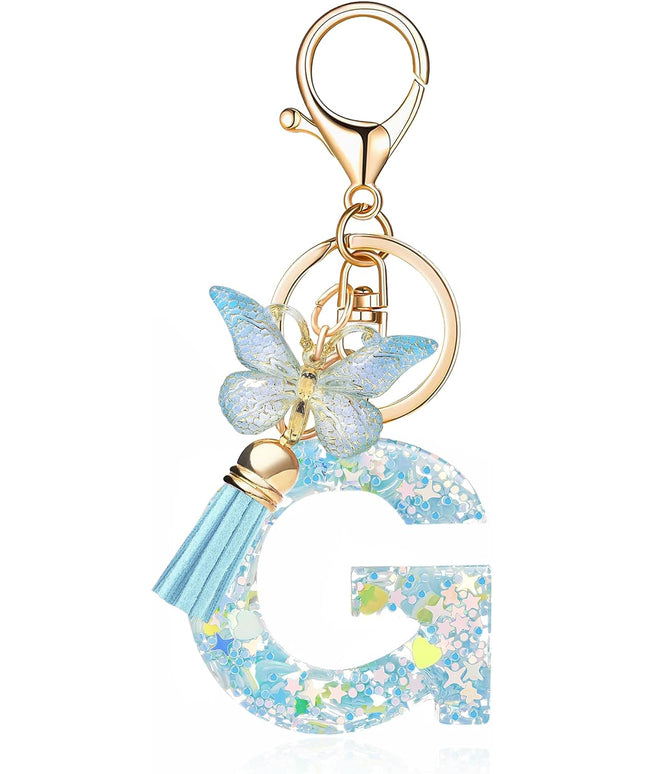 Fashion Alphabet Initial Letter Keychain Tassel Butterfly Pendant Key Ring for Purse Handbags Women Girl