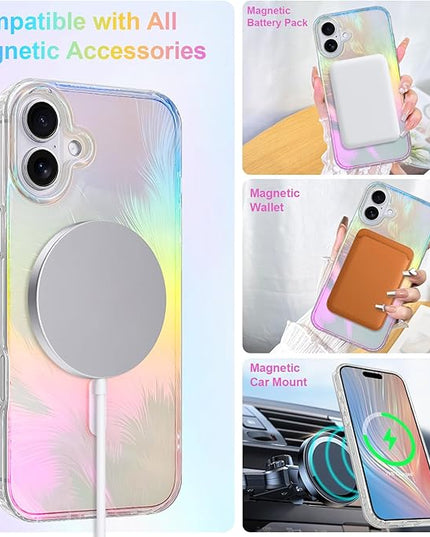 Glitter Case for iPhone 17 Case for Women Girls [ Compatible with Magsafe ] Clear Cute Aesthetic Girly Iridescent Feather Sparkly Bling Magnetic Phone Cover, Gradient Blue & Pink