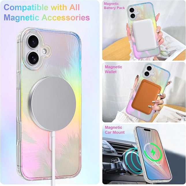 Glitter Case for iPhone 17 Case for Women Girls [ Compatible with Magsafe ] Clear Cute Aesthetic Girly Iridescent Feather Sparkly Bling Magnetic Phone Cover, Gradient Blue & Pink
