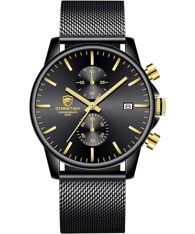 GOLDEN HOUR Mens Watch Fashion Sleek Minimalist Quartz Analog Mesh Stainless Steel Waterproof Chronograph Watches for Men with Auto Date