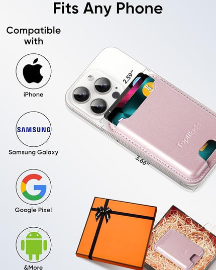 TopMade Phone Card Holder, Premium Leather Phone Wallet Stick on, Stronger 3M Adhesive Credit Card Holder for Back of Phone Case, iPhone, Samsung, and Android, RFID Blocking, Fit 4 Cards, Rose Gold