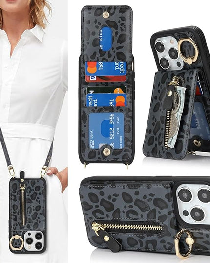 for iPhone 15 Pro Wallet Case with Card Holder, for iPhone 15 Pro Case Wallet with Strap Credit Card Slot, Crossbody Bag with Zipper Case for iPhone15 Pro - Black Leopard