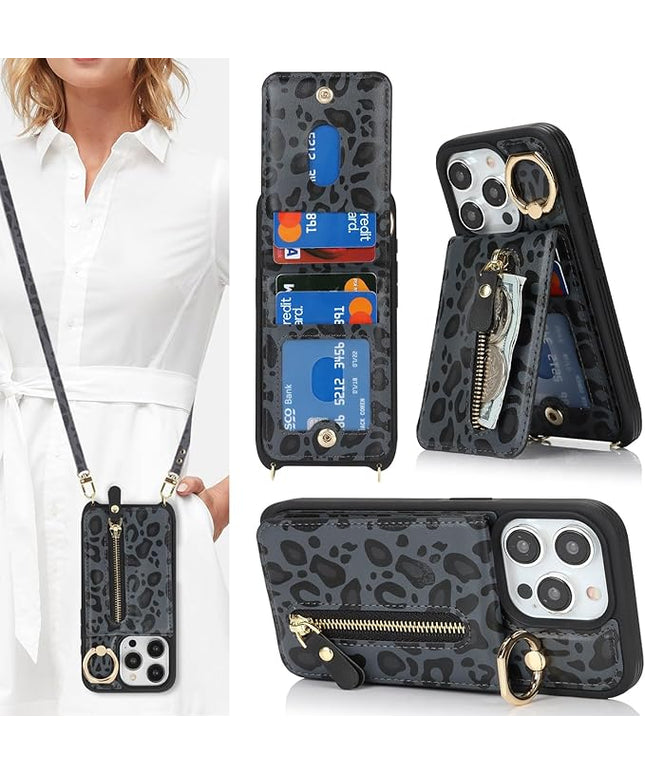 for iPhone 15 Pro Wallet Case with Card Holder, for iPhone 15 Pro Case Wallet with Strap Credit Card Slot, Crossbody Bag with Zipper Case for iPhone15 Pro - Black Leopard