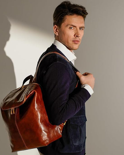 Time Resistance Leather Backpack - Unisex Business Rucksack Laptop Bag for Bag and Women (Cognac Brown)