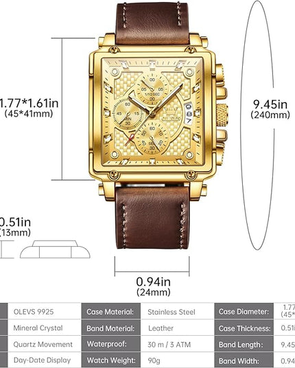 OLEVS Men's Chronograph Leather Watch, Big Face Easy to Read Analog Quartz Dress Watch, Casual Waterproof Luminous Hands Date Watches for Men, White/Blue/Black/Gold Dial