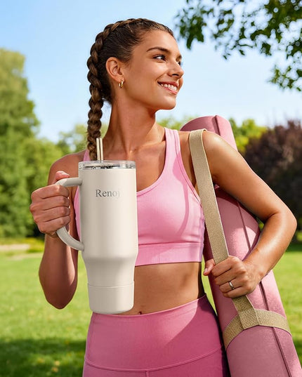 Renoj Tumbler with Handle 100% Spill Resistant Insulated Water Bottle for Iced Coffee & Hot Drinks - Fits Car Cup Holder, Ideal Gift, 2 Straws & Silicone Boot BPA-Free - FlexSlide White 32 oz