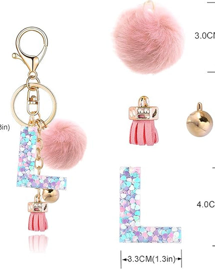 Resin Alphabet Initial Letter Keychain Keyring for Women Purse Handbags With Fur Ball Pom