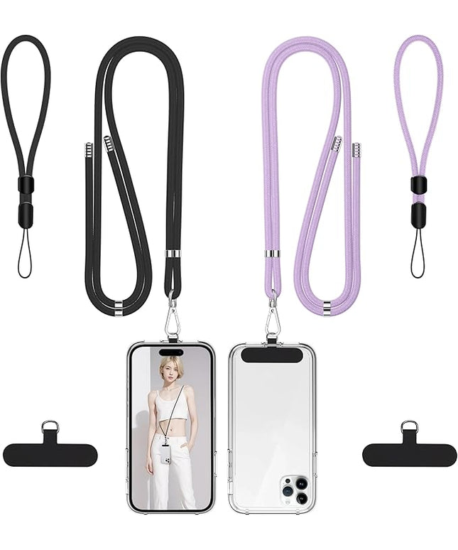 takyu Phone Lanyard, 2 Pack Adjustable Cell Phone Lanyard Crossbody Neck Strap & 2 Pack Phone Wrist Strap with Tether Tabs Compatible for iPhone Android Smartphones-Black Purple