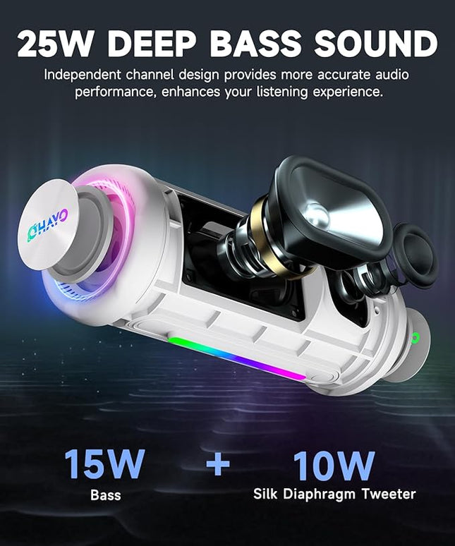 OHAYO Bluetooth Speaker, Portable Wireless, IPX7 Waterproof, Powerful 25W Sound, 24H Playtime, Dual Pairing, Active Bass, Colorful Lights, Bluetooth 5.3, Outdoor Speakers for Home/Party/Beach, White