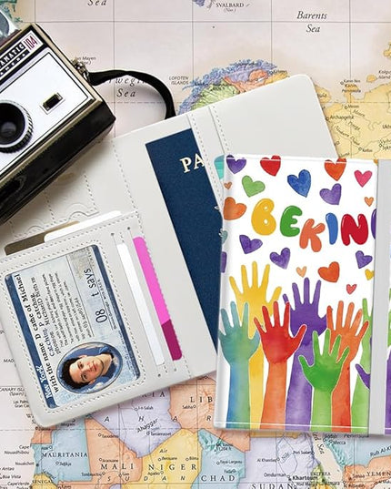 PU Leather Passport Holder Cover 5.9×4.3 Inch with Credit Card Slot and Boarding Pass Slot Combo Blocking Passport Holder Wallet Cover Case for Travel Boarding Essentials (Be Kind)