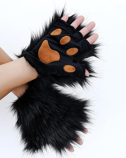 HAOAN Wolf Paw Gloves Faux Fur Cat Fingerless Mittens Winter Warm Cosplay Halloween Fancy Party Costume Accessories