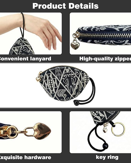 Embroidered Small Coin Purse for Women Girl,Vintage Cute Wallet Zipper Pouch,Handmade Aesthetic Oval Change Purse for Coins,Air-Tag,Small Jewelry Key with Pull-Out Key Ring