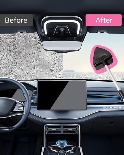 11pcs Windshield Cleaner Tool, Car Window Cleaning Wash Kit with 6 Reusable Microfiber Pads 2 Spray Bottles and Extendable Handles Auto Glass Wiper Kit, Pink