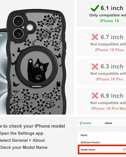 Wavy Case for iPhone 16 Case with Stand [Compatible with MagSafe] Cute Black Cat & Floral & Butterflies Pattern Design, Kawaii 360 Magnetic Ring Kickstand Phone Cover for Women Girls