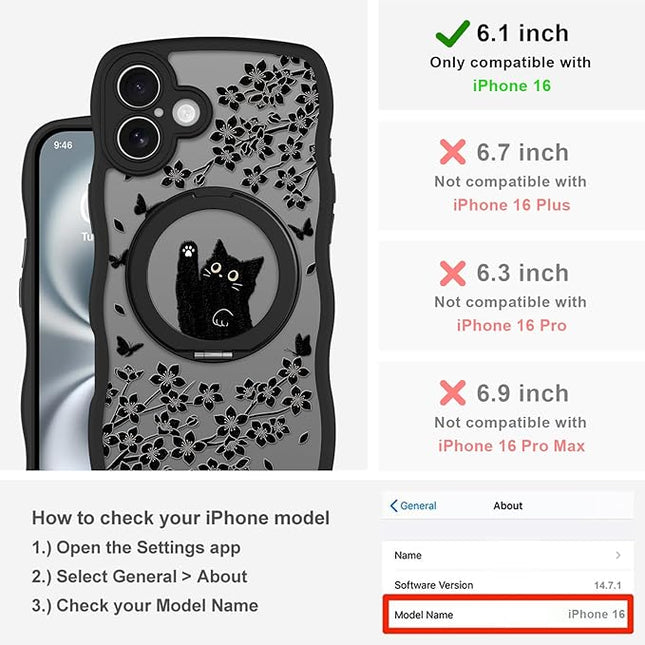 Wavy Case for iPhone 16 Case with Stand [Compatible with MagSafe] Cute Black Cat & Floral & Butterflies Pattern Design, Kawaii 360 Magnetic Ring Kickstand Phone Cover for Women Girls