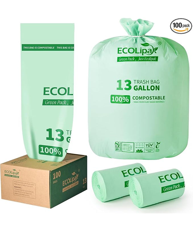 ECOLipak 13 Gallon Compostable Trash Garbage Bags, 100 Count (2 Rolls) Biodegradable Heavy Duty Bathroom Kitchen Trash Bags for Home/Office, US BPI ASTM D6400 and OK Compost Home Certified