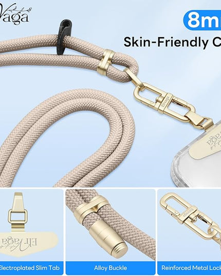 Adjustable Anti-Theft Phone Lanyard Neck & Crossbody Strap with 0.2mm Metal Tab & Comfort-Fit 8mm Rope (Khaki)