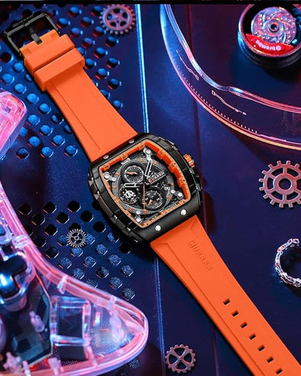 PASOY Luxury Chronograph Watches for Mens Rubber Strap Black Waterproof Date Analog Quartz Watch