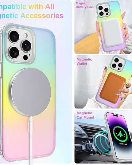 Cute Case for iPhone 14 Pro Case for Women Girls [Compatible with Magsafe] Aesthetic Girly Glitter Bling Rainbow Magnetic Protective Phone Cover, Translucent Iridescent Blue & Pink