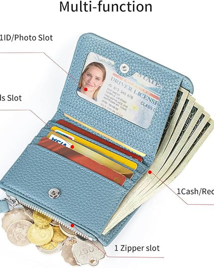 ilovever Small Wallet Women Soft Leather RFID Blocking Card Holder with Zipper Pocket Bifold wallet,Blue
