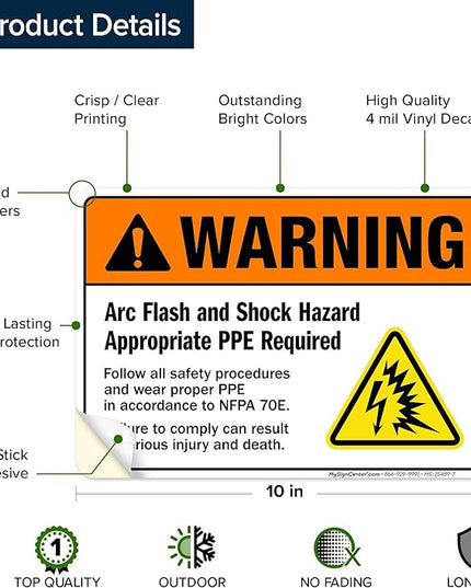 Warning Arc Flash And Shock Hazard Appropriate PPE Required Sign, 10x7 Inches, 4 Mil Vinyl Decal Stickers Weather Resistant, Made in USA by My Sign Center