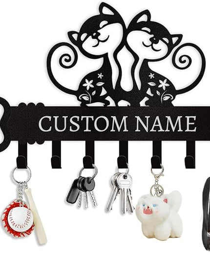 Cat Key Holder with Custom Name & Hooks - Personalized Metal Key Rack Wall Mount Art Decor for Bedroom Doorway Office