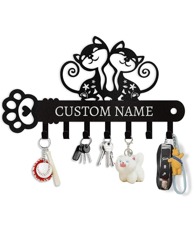 Cat Key Holder with Custom Name & Hooks - Personalized Metal Key Rack Wall Mount Art Decor for Bedroom Doorway Office