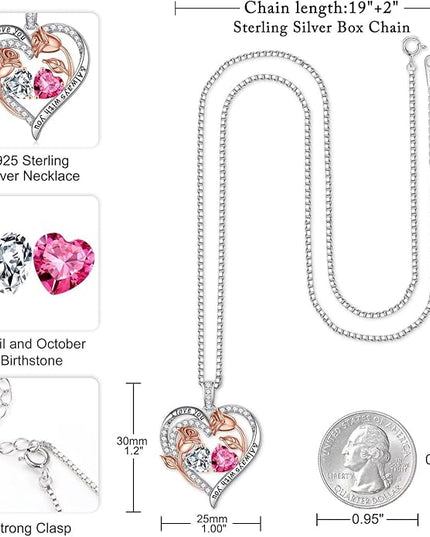 Iefil Christmas Gifts for Women Wife - 925 Sterling Silver Rose Heart Birthstone Necklace Birthday Anniversary Jewelry Gifts for Her Wife Mom Daughter
