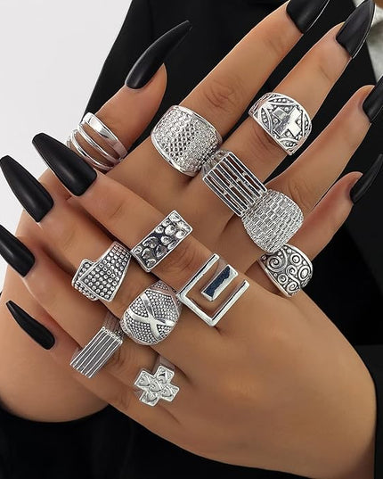 KISS WIFE Cool Rings Set for Women, Vintage Silver Punk Rings Bulk, Gothic Chunky Knuckle Emo Stackable Finger Ring Pack Western Jewelry Gift for Her