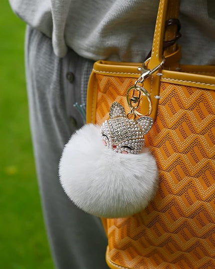 Faux Rabbit Fur Ball Pom Pom Keychain with Fox Head Studded with pearl Rhinestone for Womens Bag Car Key Decoration