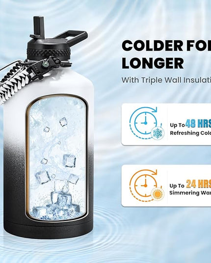 One Gallon Water Bottle Insulated, Triple Walled Vacuum Stainless Steel (Cold for 48 Hrs), Leak Proof & Non-BPA, Large Water Flask Jug with Paracord Handle & Straw Spout Lids