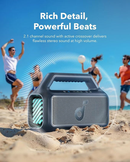 Soundcore Boom 2 by Anker, Outdoor Speaker, 80W, Subwoofer, BassUp 2.0, 24H Playtime, IPX7 Waterproof, Floatable, RGB Lights, USB-C, Custom EQ, Bluetooth 5.3, Portable for Camping and Beach - Blue