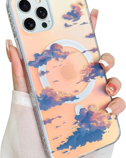 Cute Case for iPhone 12 Pro Max Case for Women Girls [ Compatible with Magsafe ] Aesthetic Cloud Pattern Design, Girly Glitter Sparkly Bling Protective Phone Cover, Iridescent Sun Set Sky