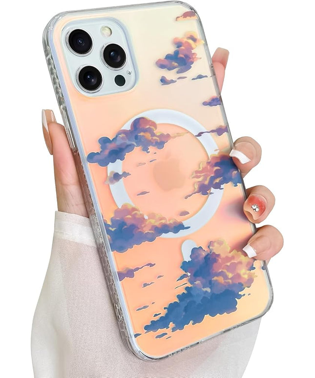 Cute Case for iPhone 12 & 12 Pro Case for Women Girls [ Compatible with Magsafe ] Aesthetic Cloud Pattern Design, Girly Glitter Sparkly Bling Protective Phone Cover, Iridescent Sun Set Sky