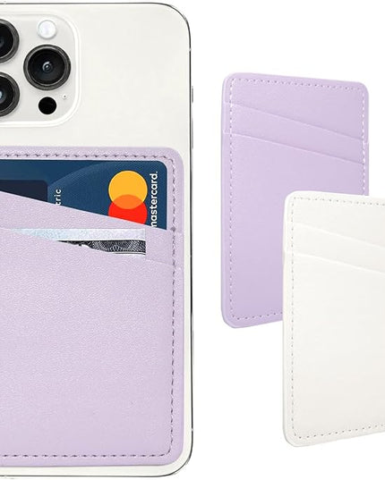 Phone Wallet Stick On, Leather Phone Card Holder, Credit Card Holder for Phone Case Compatible with iPhone, Samsung and Android - White, Purple