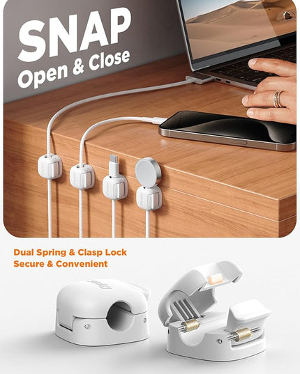 12Pack Cord Organizer, Chfeila Compact Dual Spring & Clasp Lock Cable Management Clips, Adhesive Phone Charger Keeper, Wire Holder for Nightstand/Car, Home Office Desk Accessories Decor Essentials